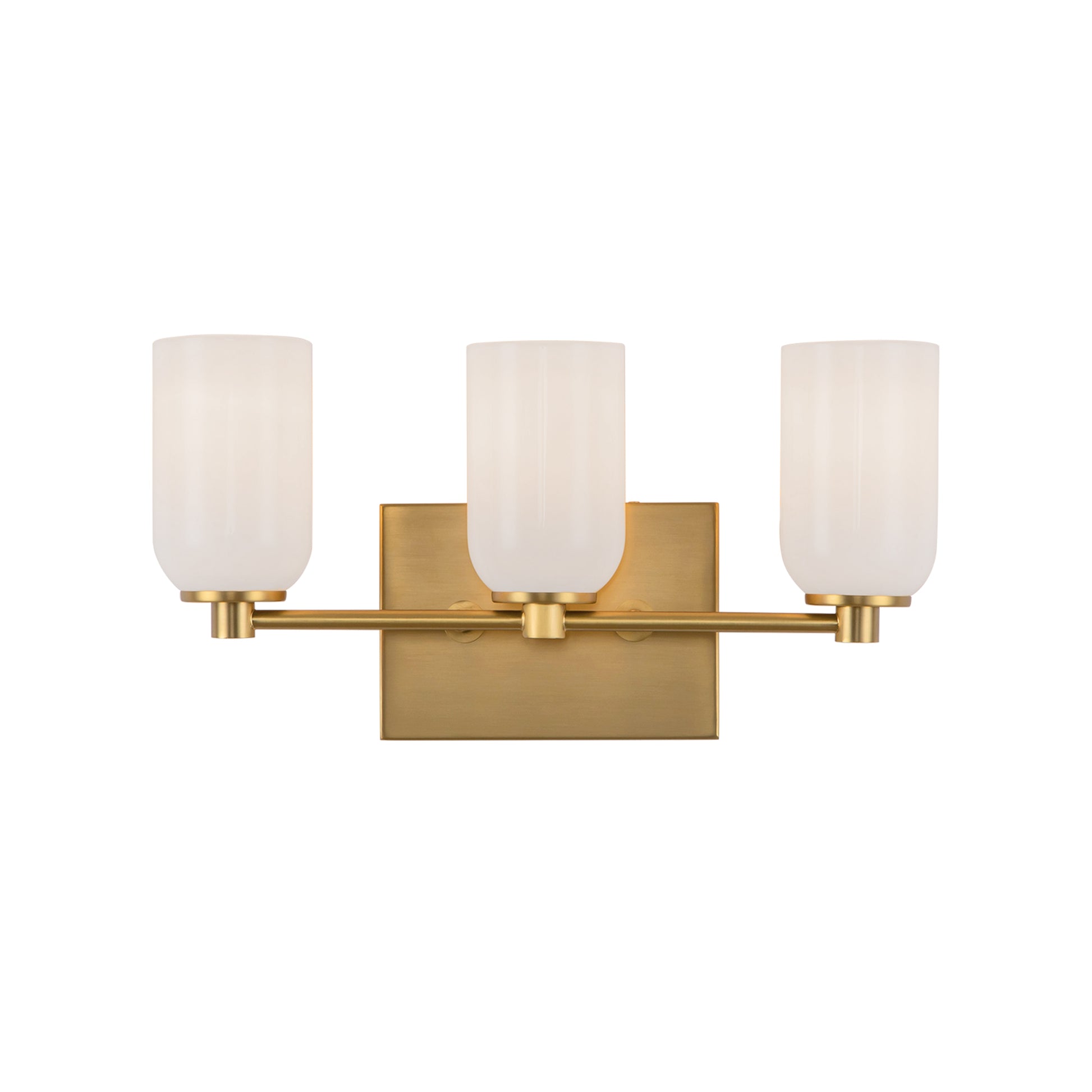 Kuzco Nola vanity light with three opal glass shades and a brushed gold backplate.