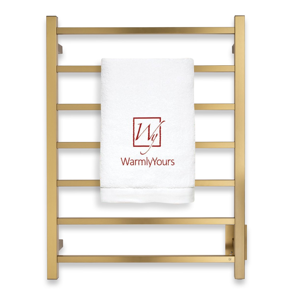 WarmlyYours Tahoe hardwired towel warmer with seven horizontal brushed gold bars.