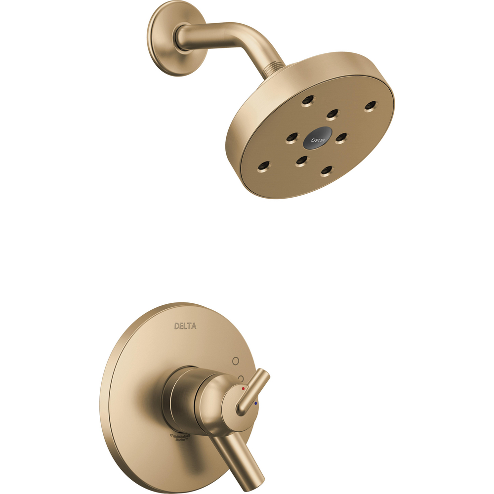 Delta Trinsic fixed shower head, arm and Monitor 17 controls in Champagne Bronze